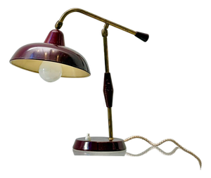 Table Lamp with Brass Arm and Lacquered Metal Shade, Italy, 1950s