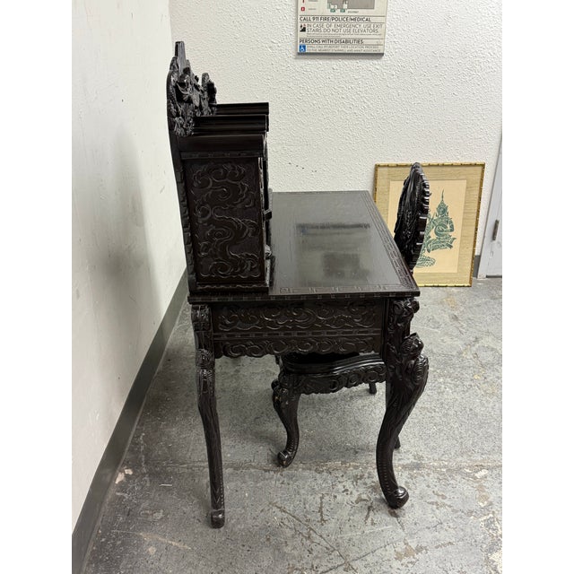 Vintage Japanese Hand Carved Dragon Carved Writing Desk + Chair, Set of Two For Sale In San Francisco - Image 6 of 12