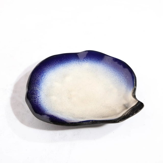 Blue Mid-Century Abstract Blue & White Oyster Form Ceramic Plate Signed Pol Chambost For Sale - Image 8 of 12