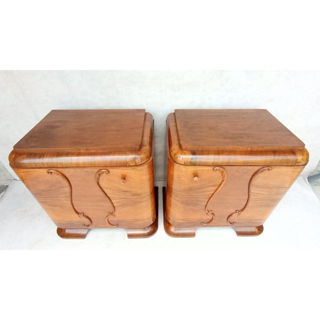 Very nice Art Deco style bedside tables in original authentic condition. Made of beech and spruce wood. The surface finish...