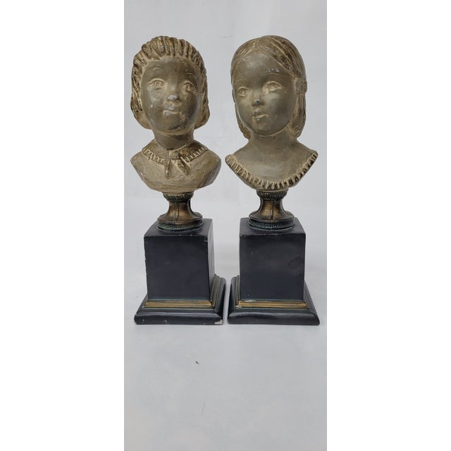 Taupe Antique Terracotta Italian Signed Pierra Pair of Boy & Girl Sculpture Bust Statues Italy For Sale - Image 8 of 12