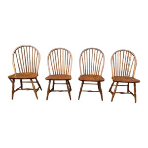 Late 20th Century Set of Four Vintage Tiger Oak Windsor Spindle Bow Back Dining Chairs