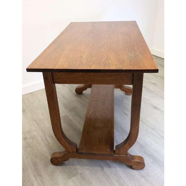 Antique Arts & Crafts Oak Library Table With Lyre-Form Supports & Bookshelf, C 1910–1920 For Sale - Image 4 of 9