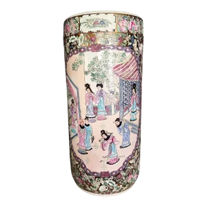 Chinoiseries Large Chinese Famille Rose Porcelain Umbrella Stand With Mandarin Court Scenes
