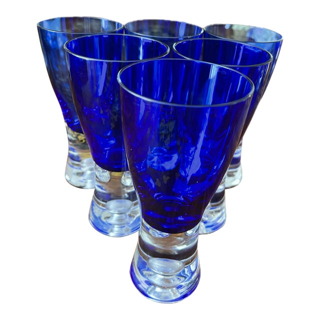 Cobalt Stockholm Water Goblets With Air Bubble Base - Set of 6 For Sale