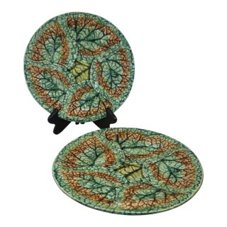 Antique 1879 Griffen Smith Hill Begonia Majolica Plates – Etruscan Pottery Pair For Sale