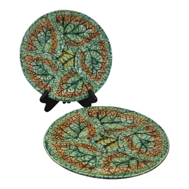 Antique 1879 Griffen Smith Hill Begonia Majolica Plates – Etruscan Pottery Pair Trenton, Nj For Sale