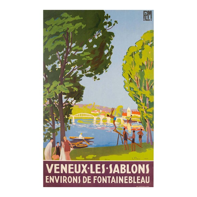 Veneux-Les-Sablons L. Prieur 1930 French PLM Swimming Boating Travel Poster For Sale