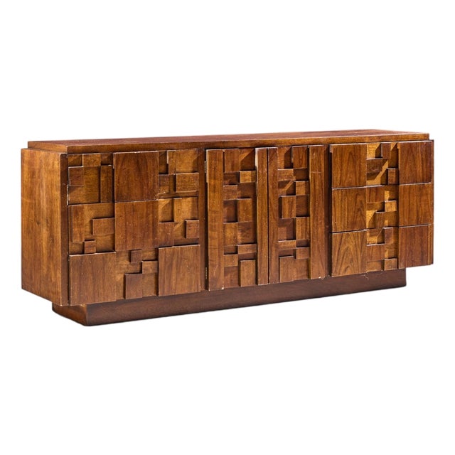 Lane Staccato Brutalist Mid Century Walnut Lowboy Dresser For Sale