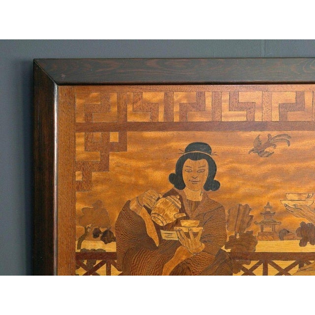 Marquetry in a wooden frame Era & style: first half of the 20th century : Fine Japanese marquetry craftsmanship made from...