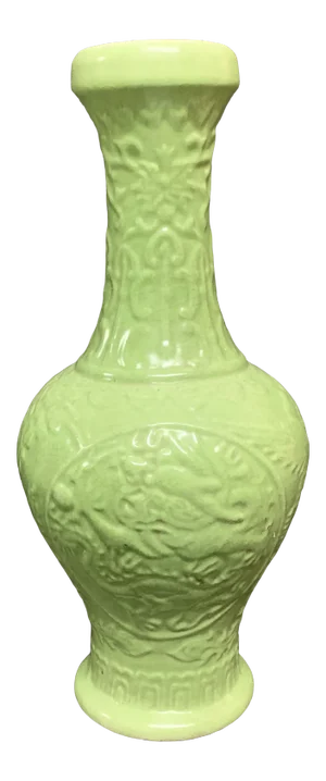 Chinese Art Celadon Porcelain Vase With Raised Floral and Bird Design