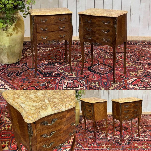 Louis XV Style Bedside Tables in Rosewood and Oak with Marble Tops, 1960s, Set of 2 For Sale - Image 3 of 12