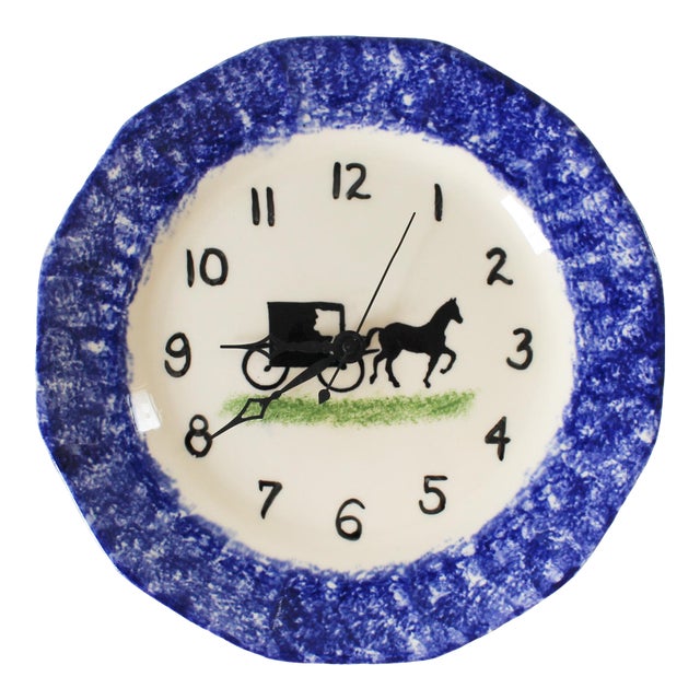 Hand-Painted Spongeware Pastoral Scene With a Horse-Drawn Carriage Wall Clock For Sale