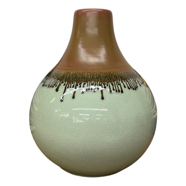 Round Celadon Green & Brown Ceramic Drip Design Vase For Sale