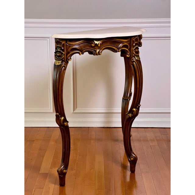 French French Louis XV Style Console Table, Carved Walnut With Gilt, Marble Top, C. 1920 For Sale - Image 3 of 17