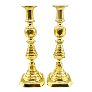 Antique English Brass Push-Up Beehive Candlesticks, a Pair