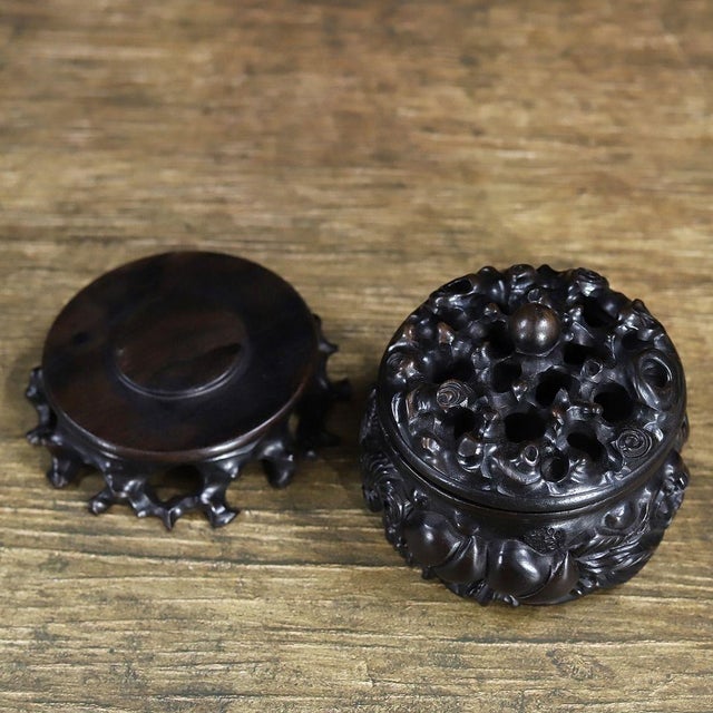 Wood Vintage Chinese Ebony Wood Incense Burner | Carved Ruyi Lingzhi Censer With Stand For Sale - Image 7 of 9