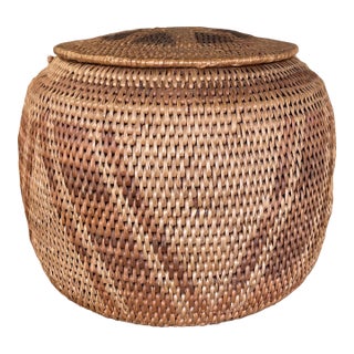 Vintage Handwoven Southeast Asian Rattan Lidded Basket With Saburst and Diamond Weave Pattern For Sale