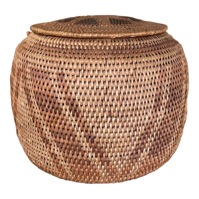 Vintage Handwoven Southeast Asian Rattan Lidded Basket With Saburst and Diamond Weave Pattern For Sale