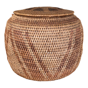 Vintage Handwoven Southeast Asian Rattan Lidded Basket With Saburst and Diamond Weave Pattern