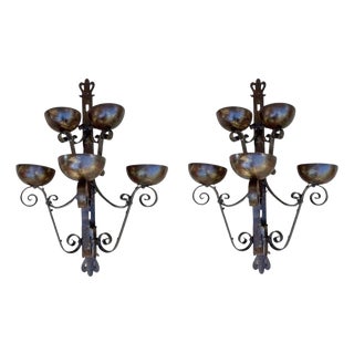 Pair of Big Spanish Hand-Forged Iron Wall Sconces, Mid-20th Century For Sale