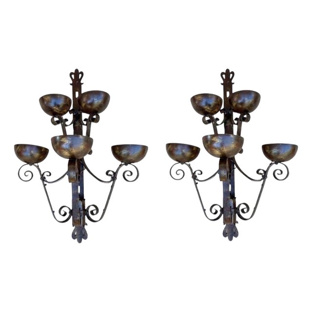 Pair of Big Spanish Hand-Forged Iron Wall Sconces, Mid-20th Century For Sale