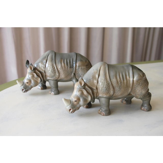 Figurative Early 20th Century Antique Continental Gray Porcelain Rhinoceros Figures - a Pair For Sale - Image 3 of 13