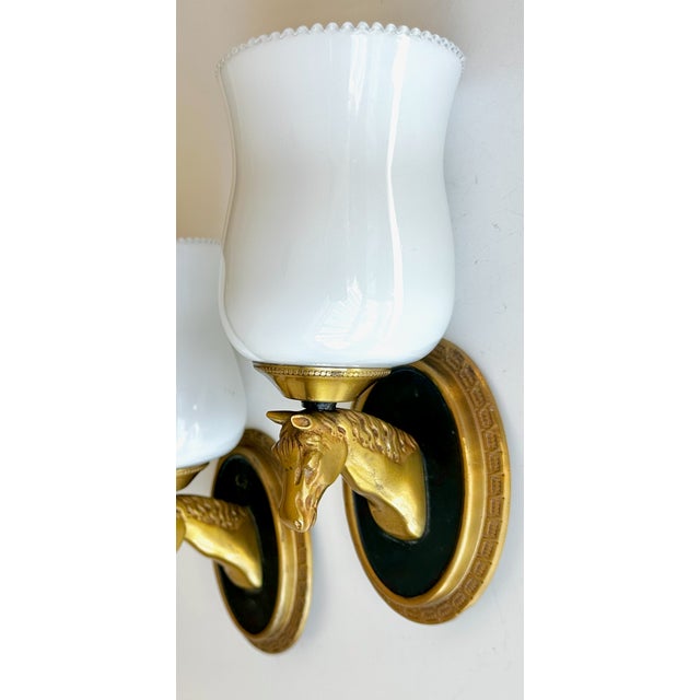 1950s French Neoclassical Brass Horse Sconces Opaline Shades by Maison Lancel For Sale - Image 9 of 15