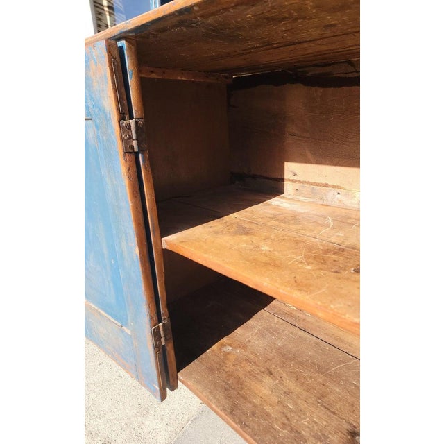 Blue Early 19Thc Original Blue Painted Step Back Pewter Cupboard For Sale - Image 8 of 9