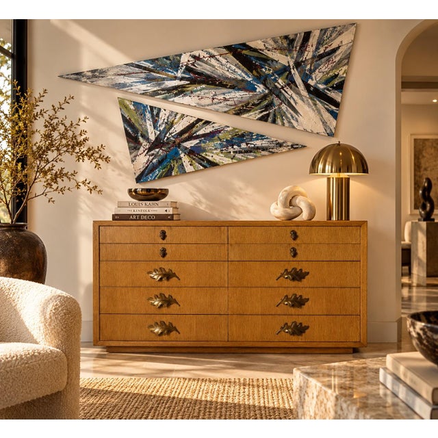 Stunning Hollywood Regency dresser attributed to Lorin Jackson for Grosfeld House, featuring a beautiful golden oak veneer...
