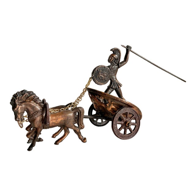 Vintage Bronze Roman Warrior in Chariot Pulled by Two Horses Sculpture For Sale