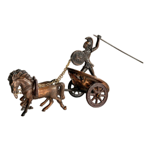 Vintage Bronze Roman Warrior in Chariot Pulled by Two Horses Sculpture