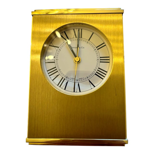 Vintage Tiffany & Co. Swiss Brass Quartz Desk Alarm Clock, Roman Numeral Dial, 1970s For Sale