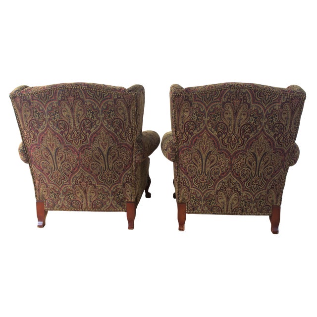 Late 20th Century Pair, Councill Wingback Chairs With Carved Apron, Legs, and Paisley Pattern, Late 20th Century For Sale - Image 5 of 6