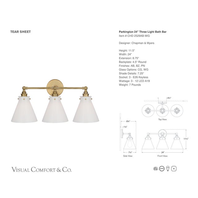 Modern Chapman & Myers for Visual Comfort Signature Parkington 24" Three Light Bath Bar in Antique-Burnished Brass with White Glass For Sale - Image 3 of 4