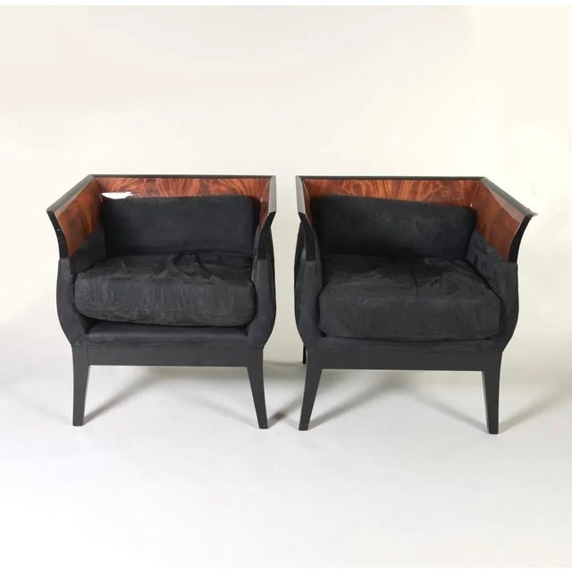Pair of Chalice Chairs by Orlando Diaz-Azcuy for HBF. Beautifully grained rosewood is covered in a thick glossy lacquer...