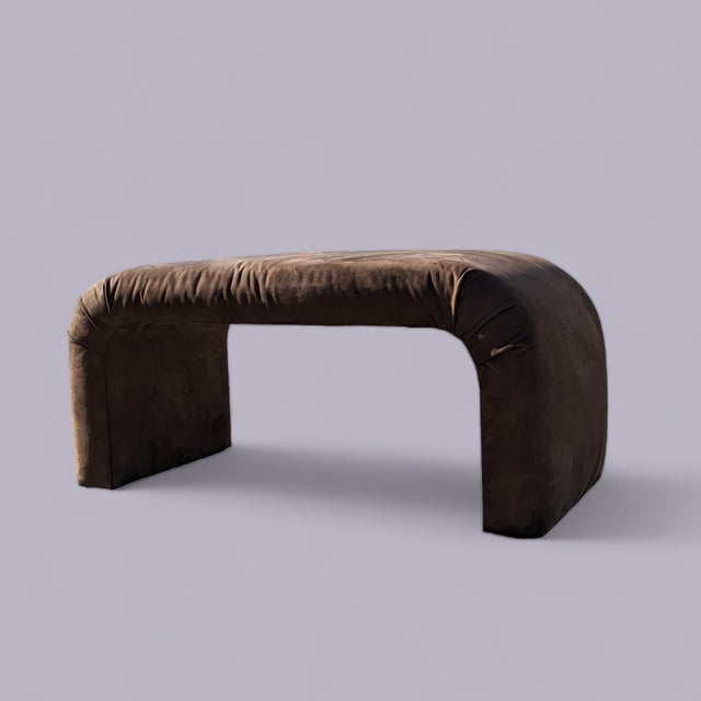 1980s Postmodern Brown Faux-Suede Waterfall Bench For Sale - Image 4 of 6