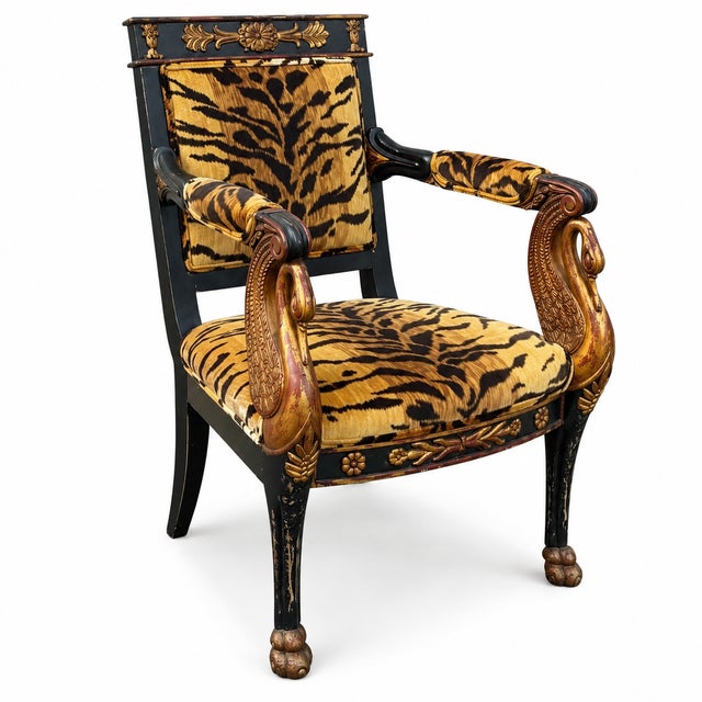 French Regency Style Ebonized Chair W/ Gilt Neo-Classical Swans & Tiger Velvet For Sale - Image 9 of 10