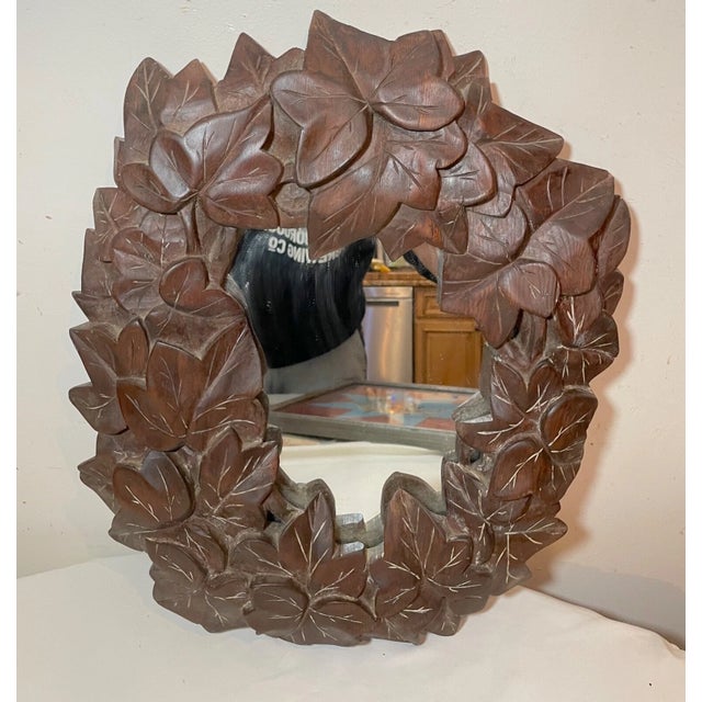 Wood Antique Hand Carved Folk Art Wood Leaf & Vine Wall Mirror Sculpture Art Carving For Sale - Image 7 of 11