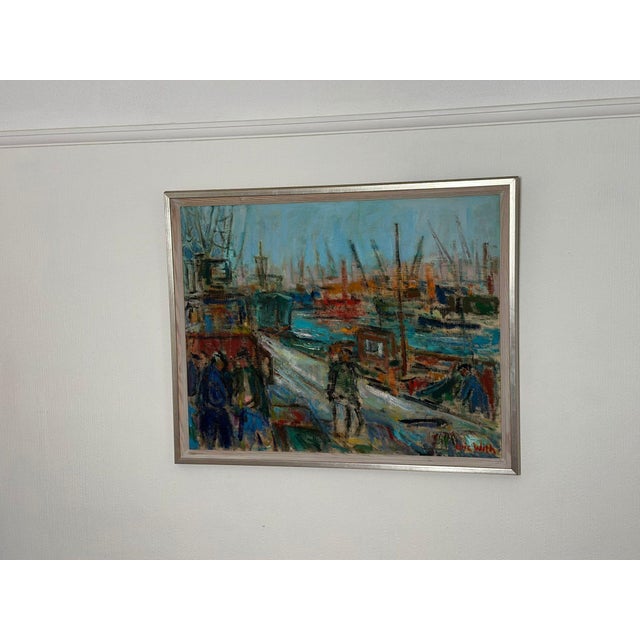 Original Swedish Oil on Canvas – “Port of Gothenburg” by Eric with – Vintage & Framed – 67 × 85 cm (26.4" × 33.5") Outer...