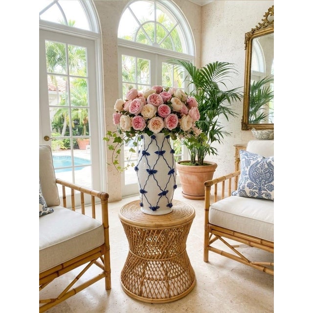 Ceramic Vintage Italian Hand-Crafted Ceramic Lattice & Cobalt Blue Rose Urn Vase For Sale - Image 7 of 12
