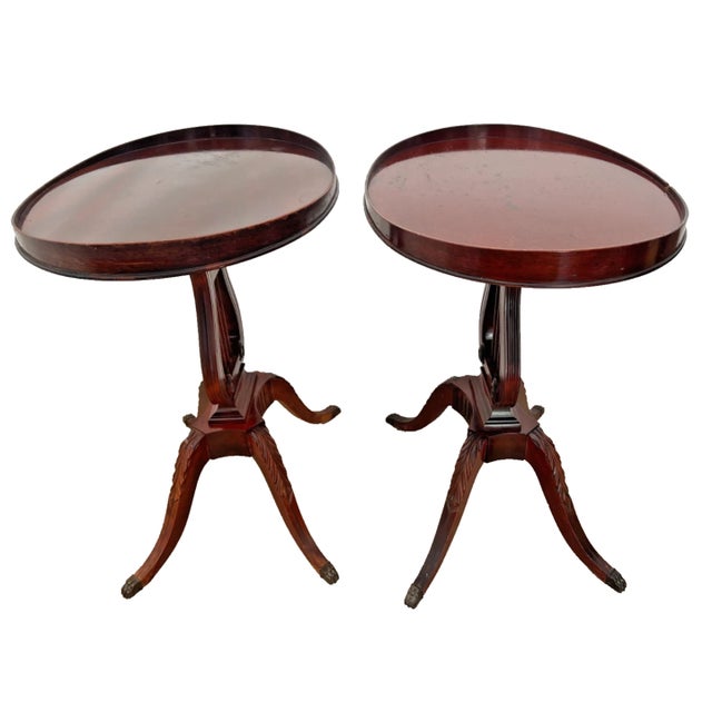 1960s Vintage Mersman Accent Oval Side Tables, Lyre Harp Base, Mahogany Set of Two For Sale - Image 5 of 18