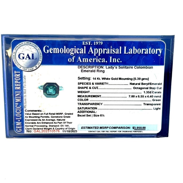 Natural Solitaire Colombian Emerald Ring 6.5 14k W Gold 1.35 Cts Certified For Sale - Image 11 of 11