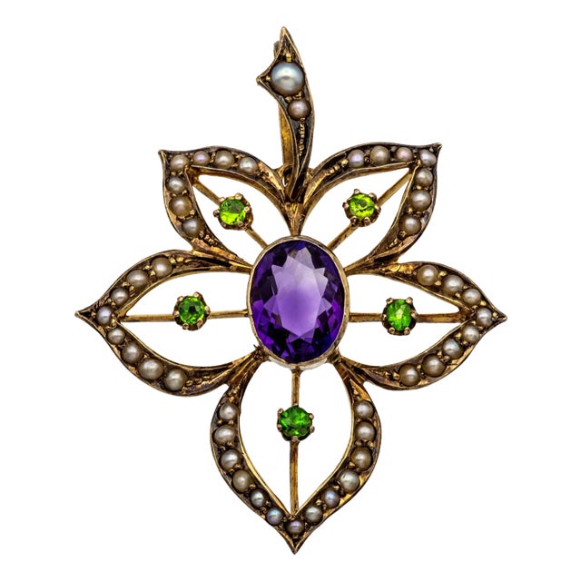 Antique 9k Art Nouveau Demantoid Garnet Amethyst Seed Pearl Pendant Ca. 1905 For Sale