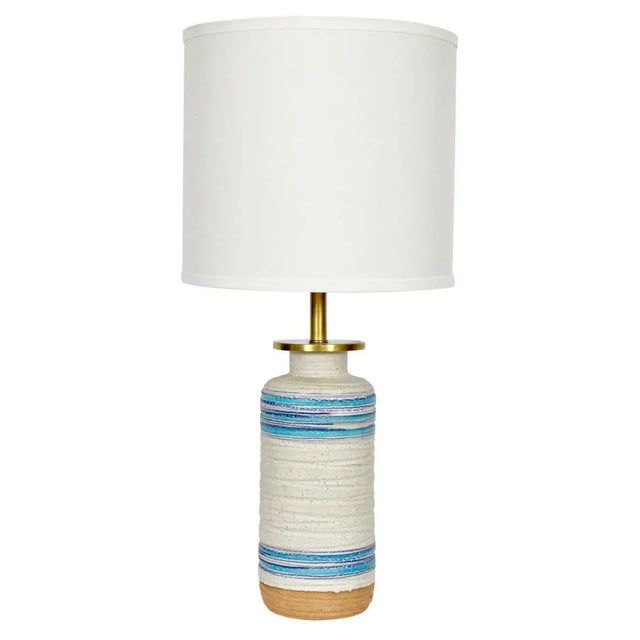 Aldo Londi attributed Rosenthal Netter off white and blue banded glazed ceramic table lamp. Handcrafted, textured, glazed...