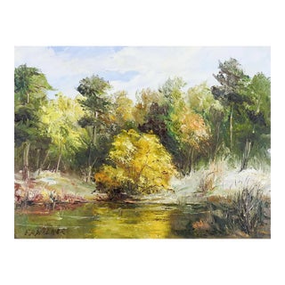 Late 20th Century Impressionist Pond and Trees Landscape Painting For Sale