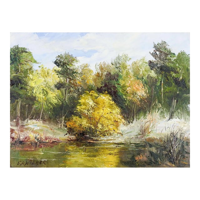 Late 20th Century Impressionist Pond and Trees Landscape Painting For Sale