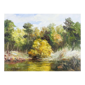 Late 20th Century Impressionist Pond and Trees Landscape Painting
