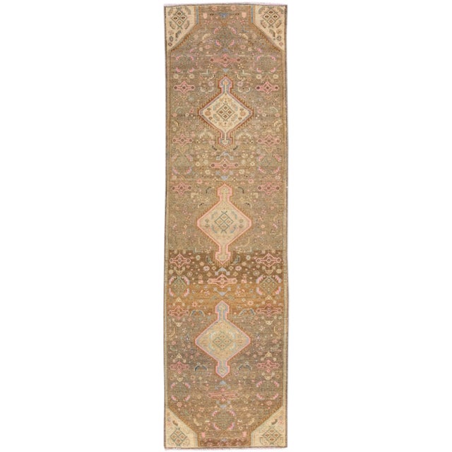 Textile 1960s Vintage Persian Distressed Handmade Geometric Brown Wool Runner For Sale - Image 7 of 7