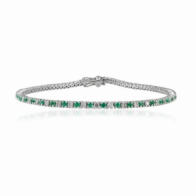 Green Solid 18k White Gold Natural Round-Cut Emerald and Diamond Line Bracelet For Sale - Image 8 of 9